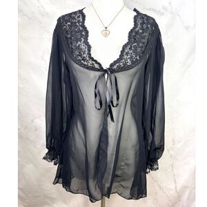 Vintage 70s Sheer Black Boudoir Bed Jacket Robe Tie front Whimsigoth Gothic M
